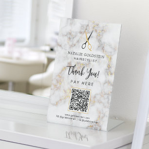 Marmor-Schwarz-Gold-Schere QR-Code Hier zahlen Sockelschild