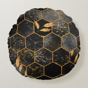 Marmor-Sechseck nahtlose Textur mit goldenen Blätt Rundes Kissen