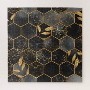 Marmor-Sechseck, Textur mit goldenen Blättern.
