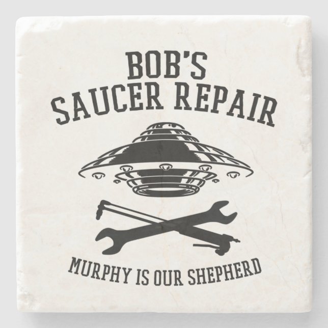 Marmor-Untersetzer mit dem Saucer-Repair-Logo von  Steinuntersetzer (Vorderseite)