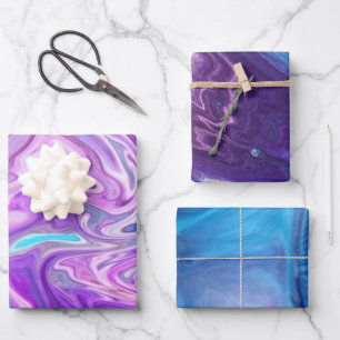 Marmor-Wasserfarbe gemischt Blau, Lila, Rosa  Geschenkpapier Set