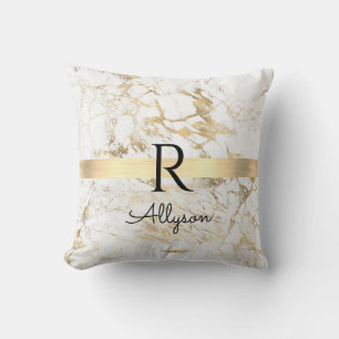 Marmor Weiß & Gold Barren, DIY Schwarzer Name Mono Kissen