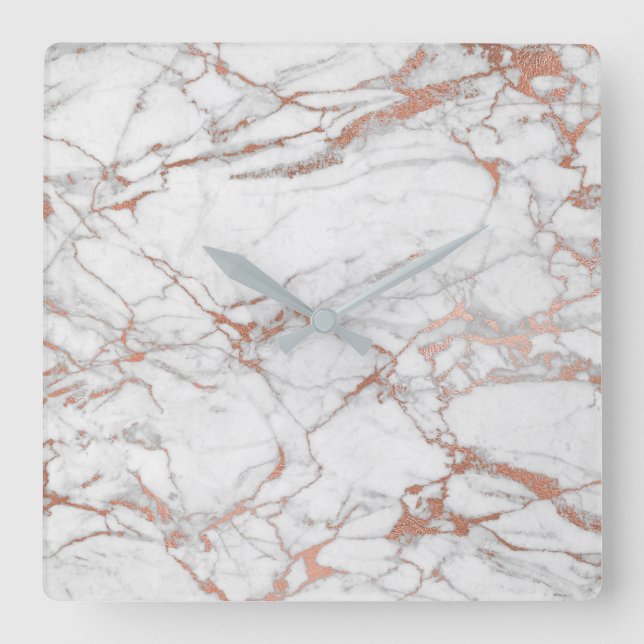 Marmor Weiß Grau Rosa Rose Gold Blush Carrara Quadratische Wanduhr (Vorderseite)