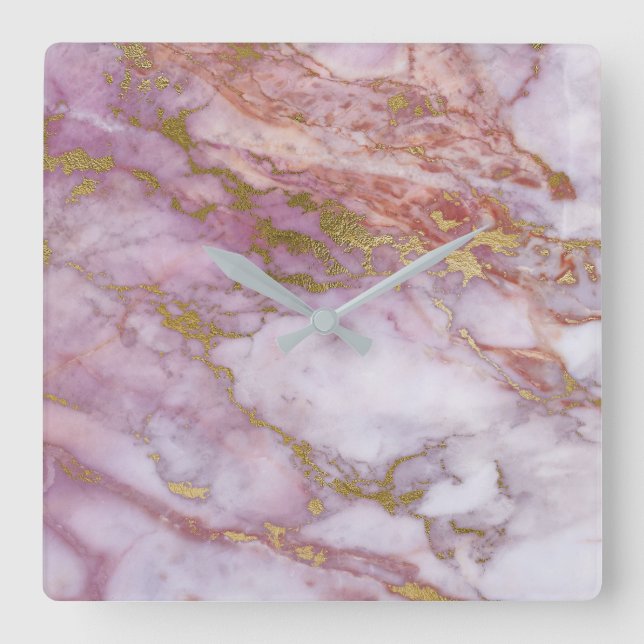 Marmor Weiß Grau Rosa Rose Gold Blush Carrara Quadratische Wanduhr (Vorderseite)