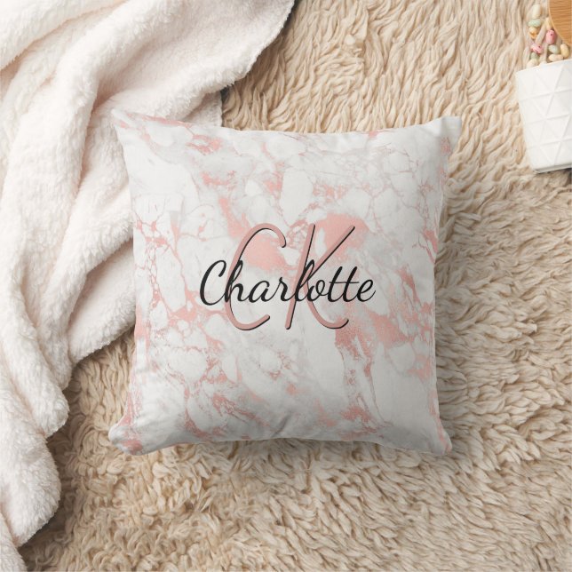 Marmorbezeichnung Rose Gold Monogramm Kissen (Decke)
