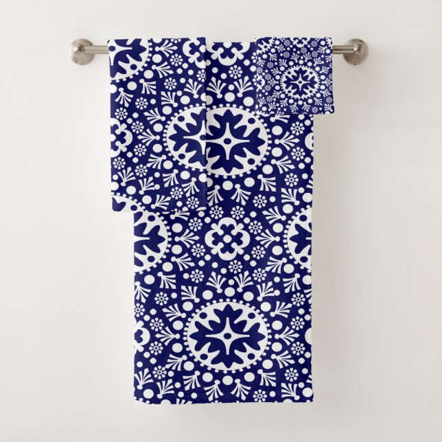 Marmorblau-marokkanisches Fliesenmuster-Badetuch-S Badhandtuch Set (Insitu)