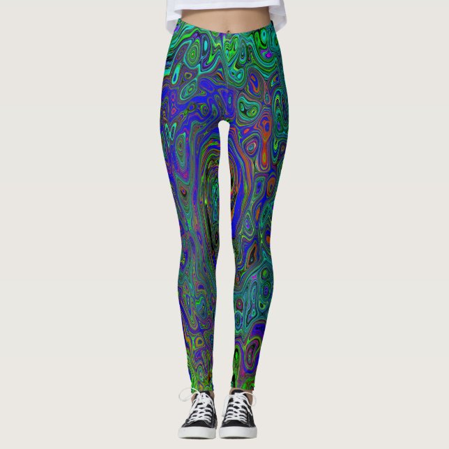Marmorblau und Aquamarine Abstrakter Retrowirbel Leggings (Vorderseite)