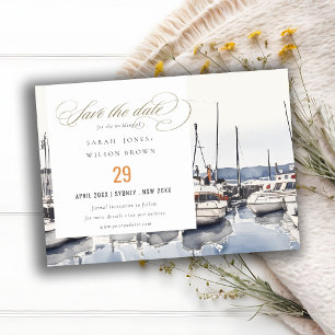 Marmorboote an der Küste bei Hochzeit im Hafen Sea Save The Date
