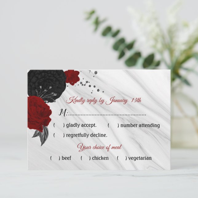 Marmorgericht mit roten und schwarzen Blume RSVP Karte (Stehend Vorderseite)