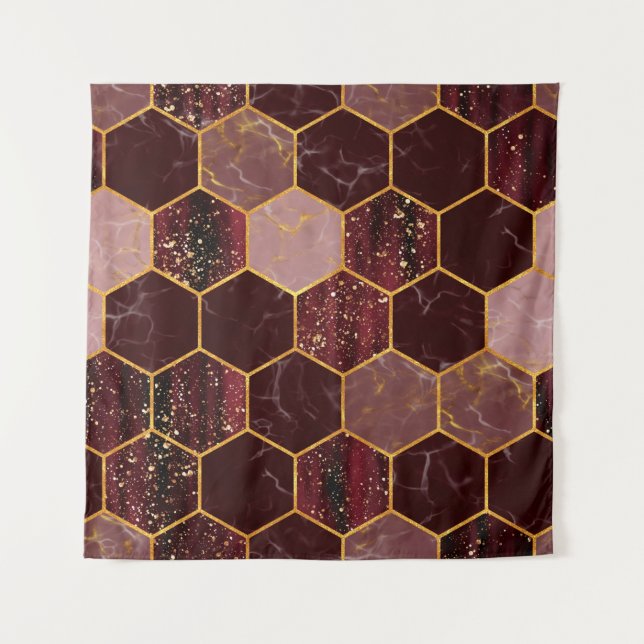 Marmorhexagon nahtlose Textur mit Gold Wandteppich (Vorderseite)