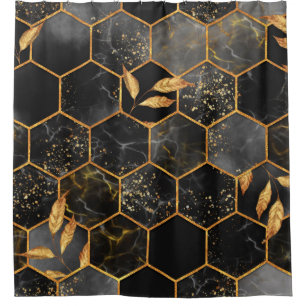 Marmorhexagon nahtlose Textur mit goldenen Blätte Duschvorhang