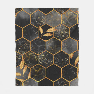 Marmorhexagon nahtlose Textur mit goldenen Blätter Fleecedecke