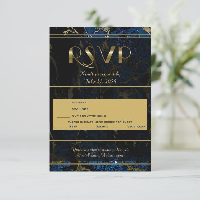 Marmorhochzeit in Navy Blue & (Imitate) RSVP Karte (Stehend Vorderseite)