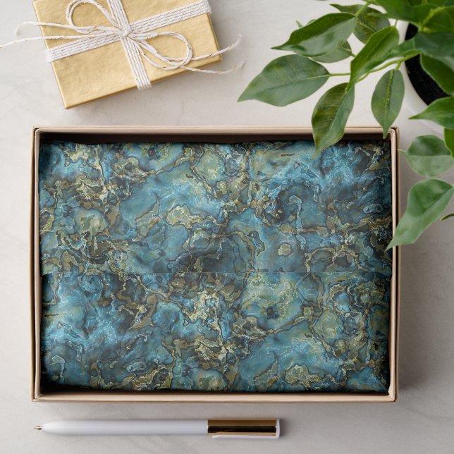 Marmorierte Aquamarine türkisfarbene Imitate Gold  Seidenpapier (Geschenk)