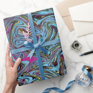 Marmorierte Wirbel, schwarz-gelb-rosa-blaues Gesch Geschenkpapier