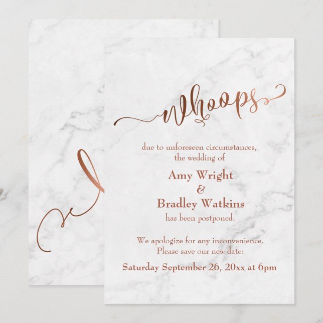 Marmorkupfer Hochzeit verzögert "Whoops!" Aktualis Einladung (Vorne/Hinten)