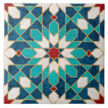 Marmormarmor, marokkanisches Mosaik, Aquamarin Fliese<br><div class="desc">Marmormosaikmuster aus marokkanischem Marmor,  aquamarin,  weiß und rot,  mit goldenen Imitaten.</div>