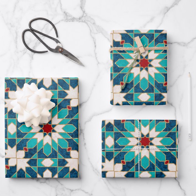 Marmormarmor, marokkanisches Mosaik, Aquamarin Geschenkpapier Set (Vorderseite)