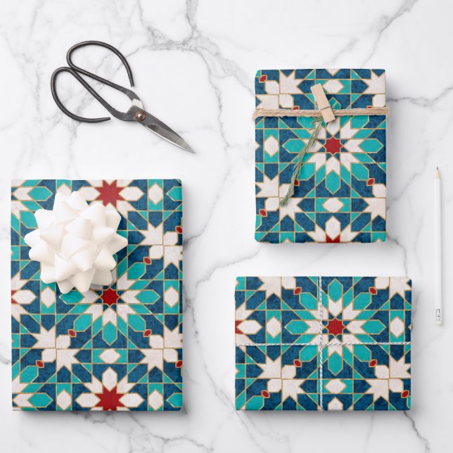 Marmormarmor, marokkanisches Mosaik, Aquamarin Geschenkpapier Set (Vorderseite)