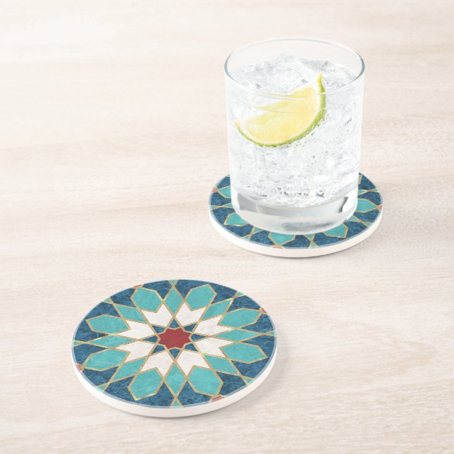Marmormarmor, marokkanisches Mosaik, Aquamarin  Getränkeuntersetzer (Seite)