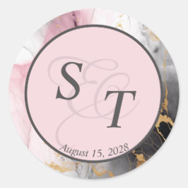 Marmormonogramm Dusty Rose Black Gold Abstrakt Runder Aufkleber