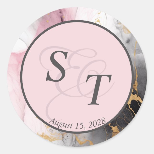 Marmormonogramm Dusty Rose Black Gold Abstrakt Runder Aufkleber (Vorderseite)