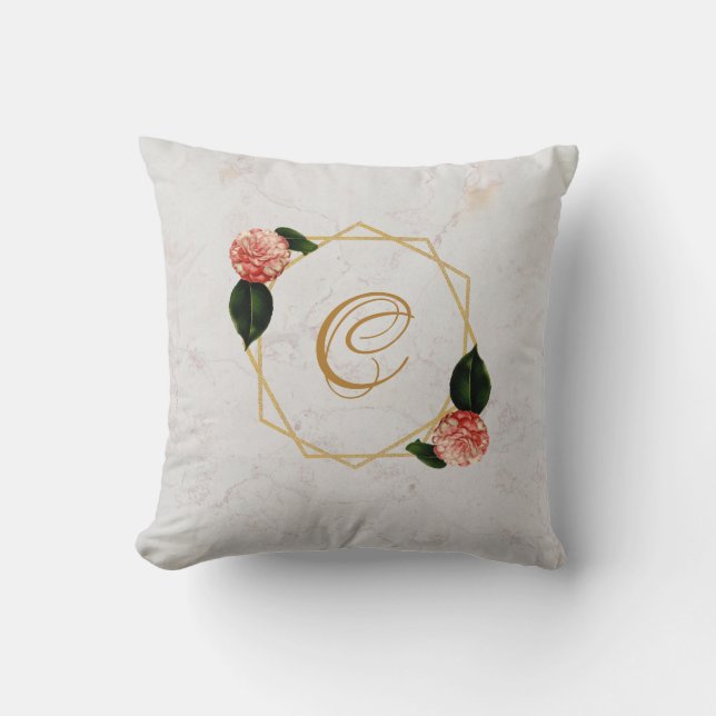 Marmormonogramm Gold Pink Kamelie Blumengeometrie Kissen (Vorderseite)