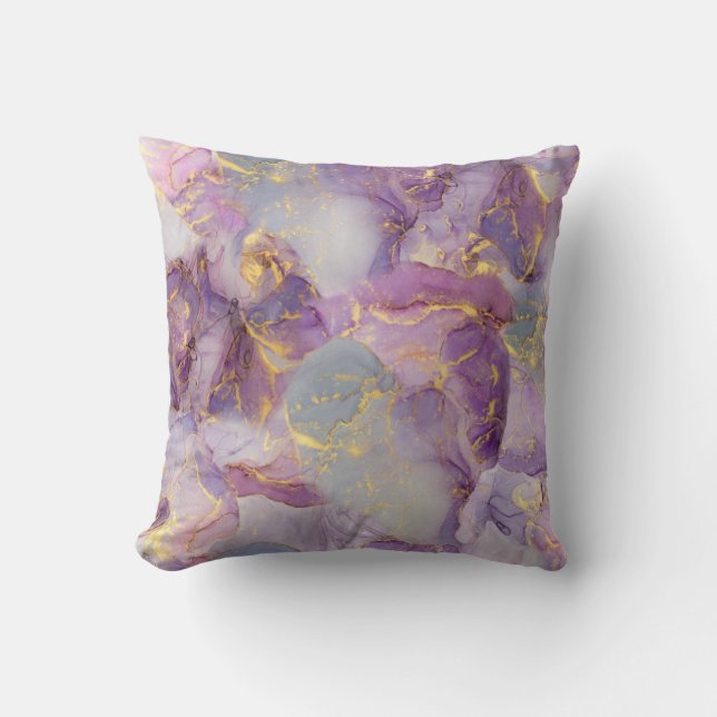 Marmormuster von Pastel Lilac, Blau und Gold Glitz Kissen (Vorderseite)