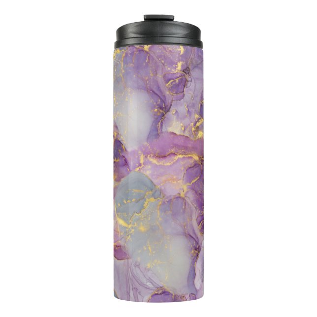 Marmormuster von Pastel Lilac, Blau und Gold Glitz Thermosbecher (Vorderseite)