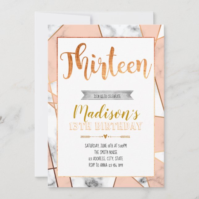 Marmorn Sie 13. Geburtstagseinladung Einladung (Vorderseite)