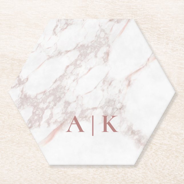 Marmorrosa Mit Monogramm Paper Hexagon Untersetzer (Vorderseite)