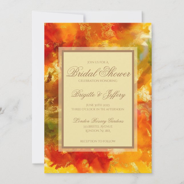 Marmorrot, orange, gold, gelb, Brautparty Save The Date (Vorderseite)