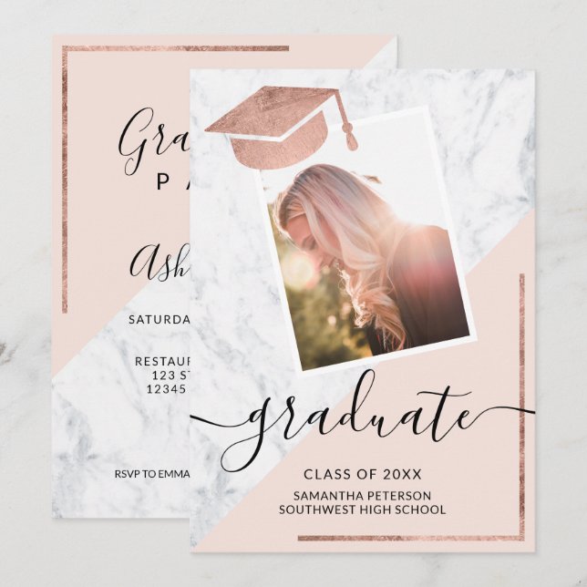 Marmorrot Rose Gold Graduierte Foto Abschluss Einladung (Vorne/Hinten)