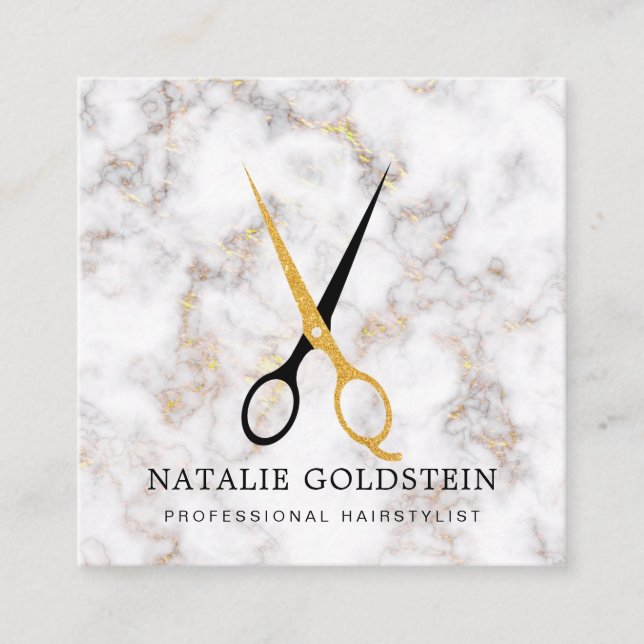 Marmorschwarz und Goldschere Haarstylist Quadratische Visitenkarte (Vorderseite)