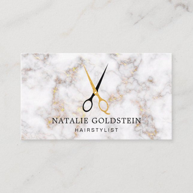 Marmorschwarz und Goldschere Haarstylist Visitenkarte (Vorderseite)