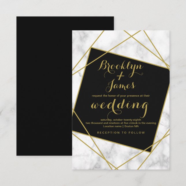 Marmorschwarz und Imitats Geometrische Hochzeit Go Einladung (Vorne/Hinten)