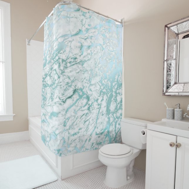 Marmorstein Abstrakt White Carrara Blue Aquamarin Duschvorhang (Beispiel)