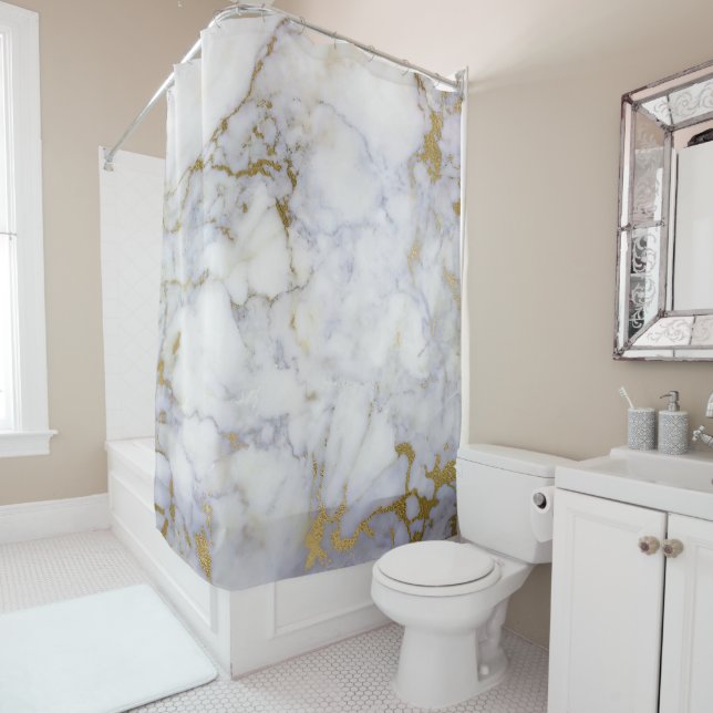 Marmorstein Abstrakt White Gray Gold Carrara Lux Duschvorhang (Beispiel)