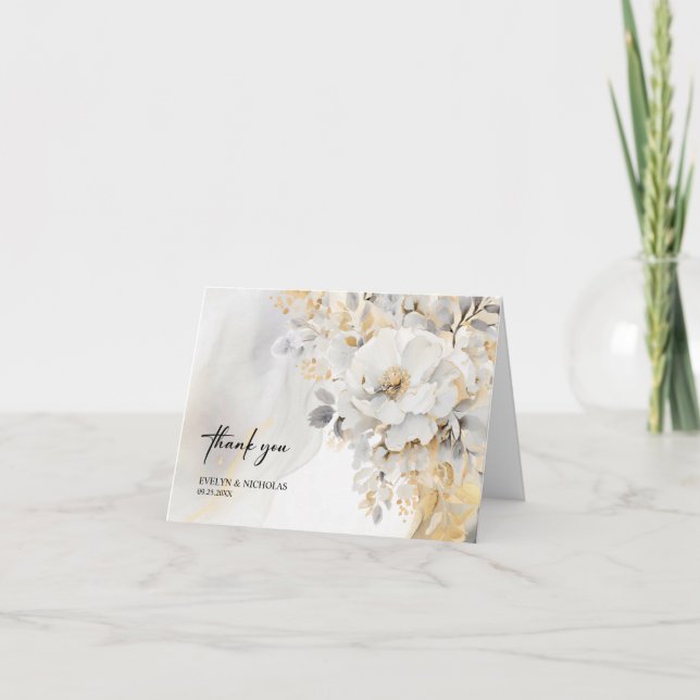 Marmorstein Gold Gray Gold Floral Wedding FOTO Dankeskarte (Vorderseite)