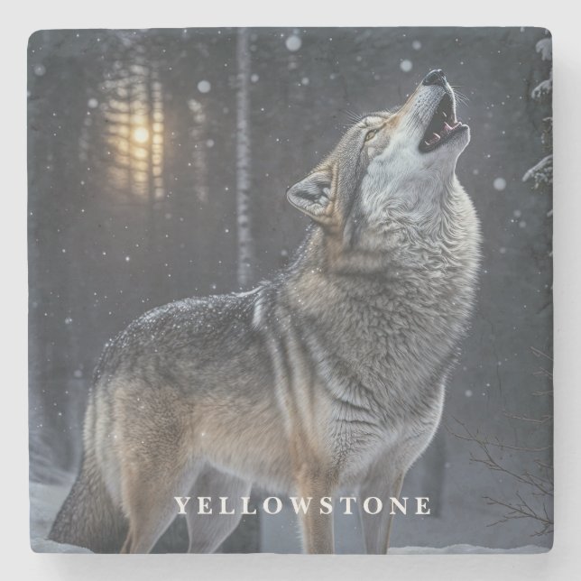 Marmorstein-Unterleger-Yellowstone Wolf Steinuntersetzer (Vorderseite)