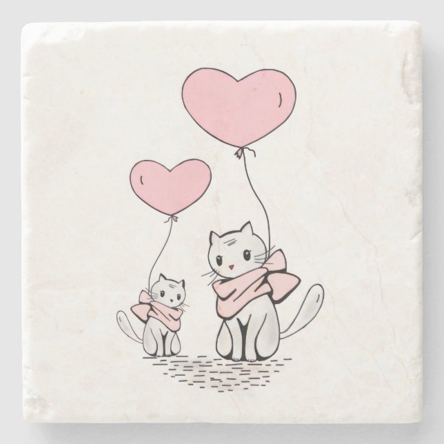 Marmorstein Untersetzer Valentinstag Katzenherzen (Vorderseite)
