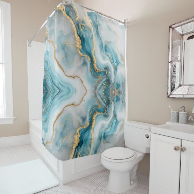 Marmortextur Blau aquamarin Golddusche Vorhang (Beispiel)
