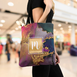 Marmorwasserfarbe, lila-grüne Monogramm Tasche