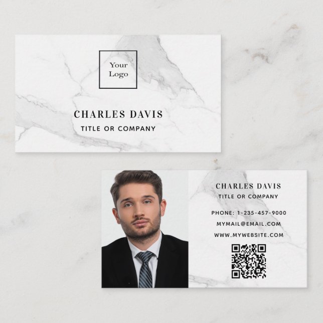 Marmorweißes Monogramm Foto Qr-Zeichen elegant Visitenkarte (Vorne/Hinten)