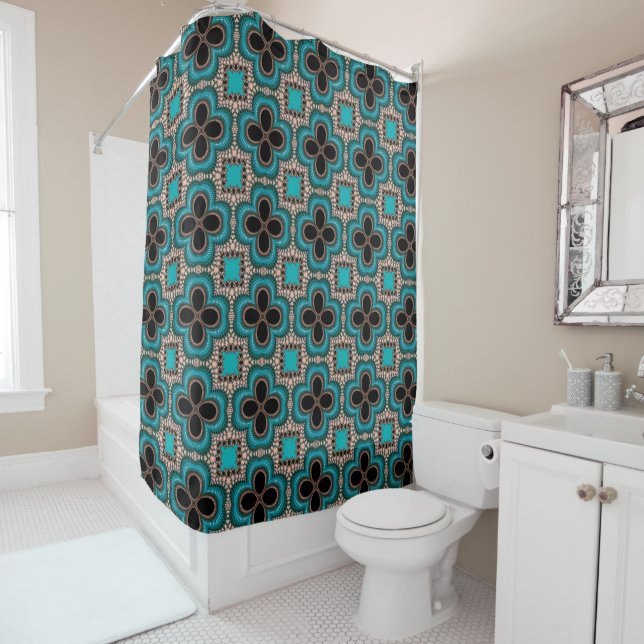 Marocain Géométrique Motif Floral rideau de douche (En situation)
