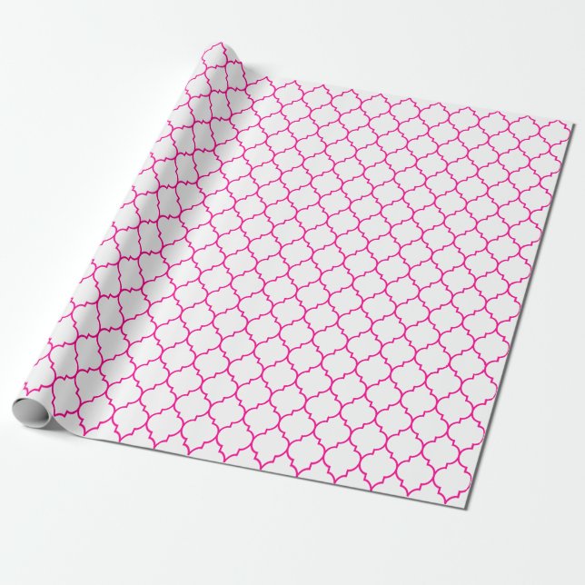 Marokkaner Quatrefoil Pink auf Weiß Geschenkpapier (Ungerollt)