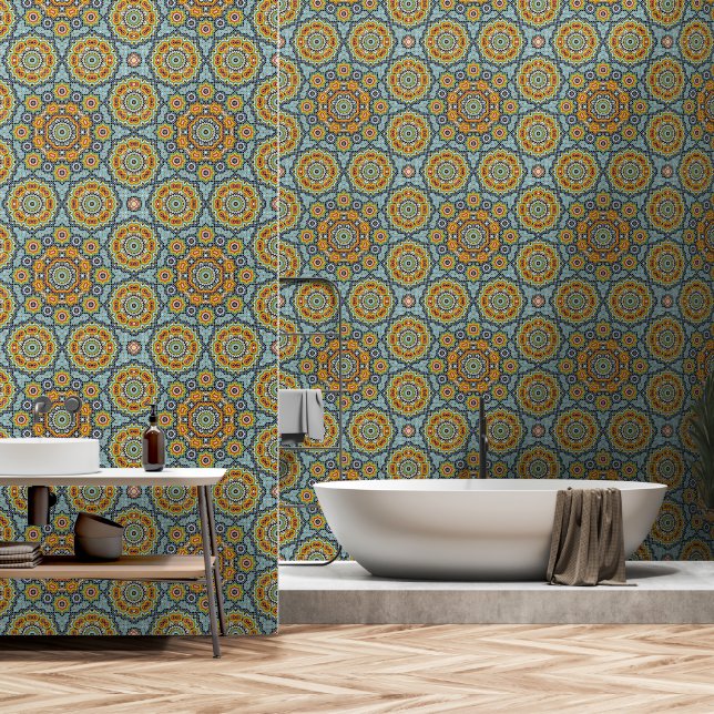 Marokkanisch-blaue gelbe Schale und Stock Tapete (Badezimmer)