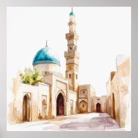 Marokkanische Blaue Kuppel und Minarett Aquarell-W