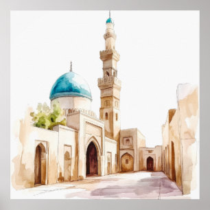 Marokkanische Blaue Kuppel und Minarett Aquarell-W Poster
