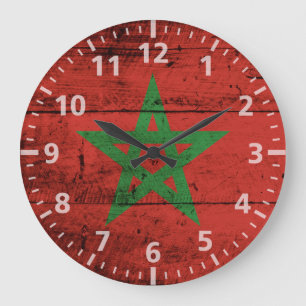 Marokkanische Flagge für altes Holzkörnchen Große Wanduhr